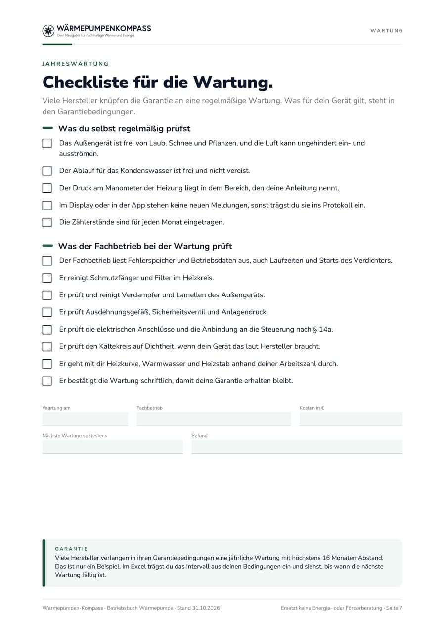 Checkliste mit 13 Punkten für die Jahreswartung, getrennt nach dem, was du selbst prüfst, und dem, was der Fachbetrieb prüft